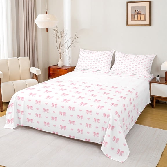 Erosebridal Catroon Bowtie Sheet Set Twin,Heart Print Bedding Sets Twin Size,Pink White Twin Sheet Sets For Girls,Super Cozy Bedroom Decoration,3-Piece