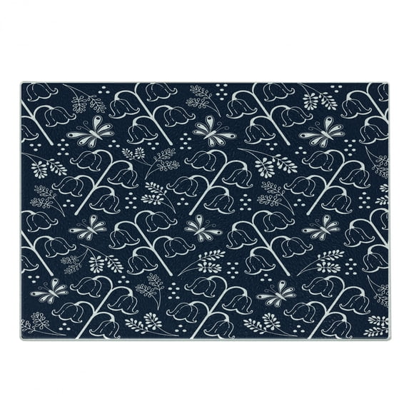 Navy Blue Cutting Board, Tulip Bluebell Flower Pattern with Foliage Leaf Branches Feminine Print, Decorative Tempered Glass Cutting and Serving Board, Small Size, Dark Blue White, by Ambesonne