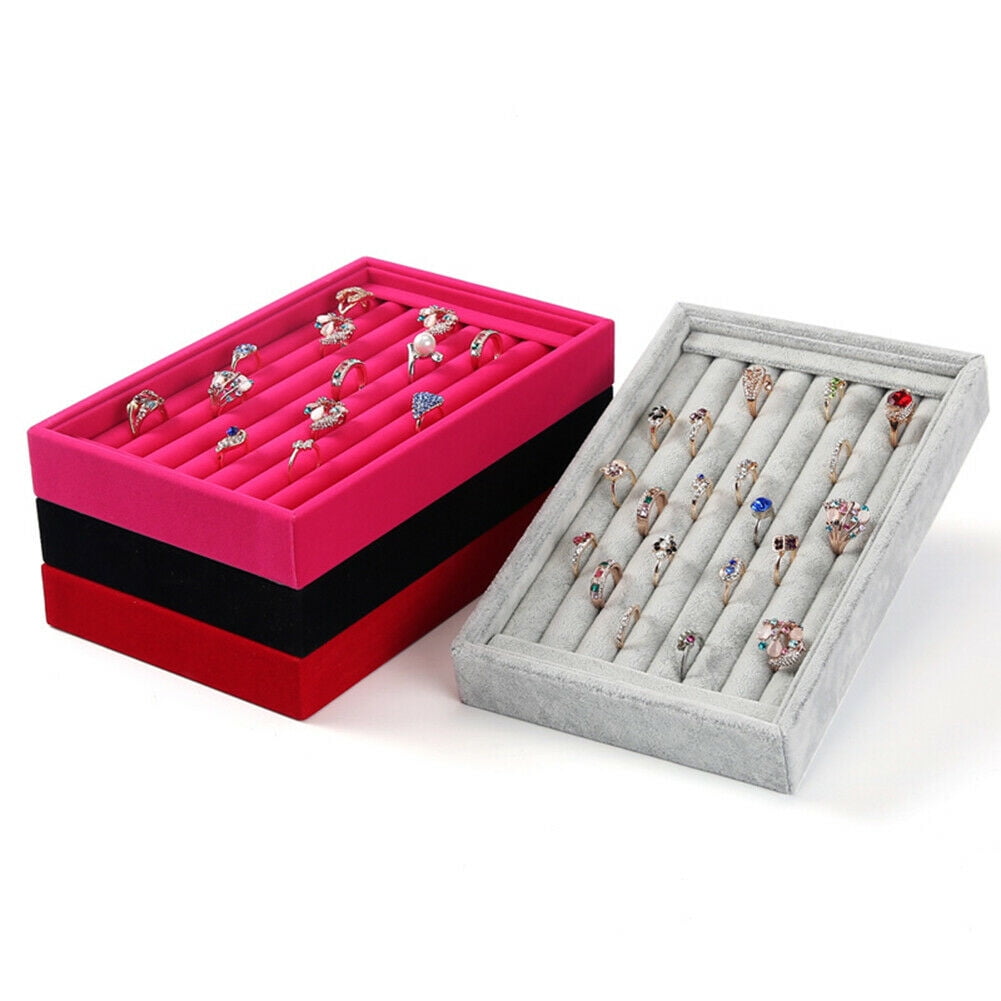 Pink Velvet Jewelry Tray Ring Cufflinks Storage Box Shop Display Holder 