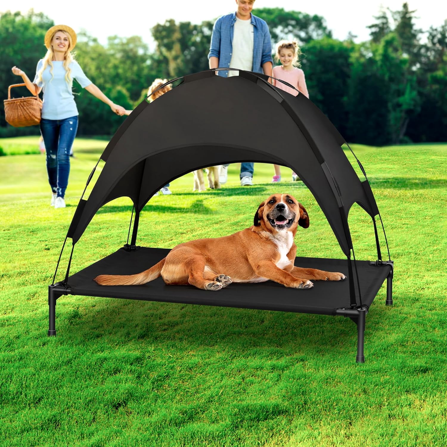 Elevated Dog Bed with Canopy, Portable Dog Cot with Removable Shade Tent, Outdoor Raised Pet Cot Cooling Bed for Dogs