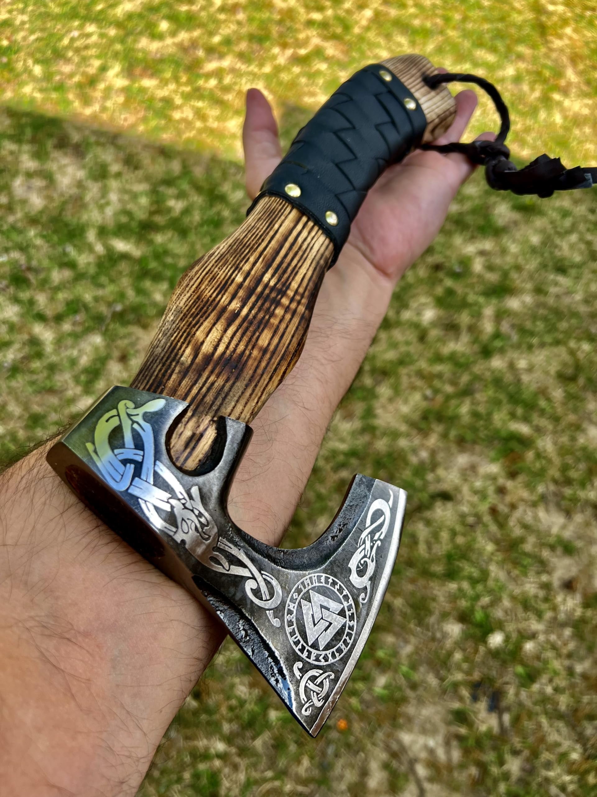 Poshland AX-7006 Handmade Camping Hatchet with Wooden Handle, Carbon Steel Outdoor Chopping Tool with Leather Sheath (15”)