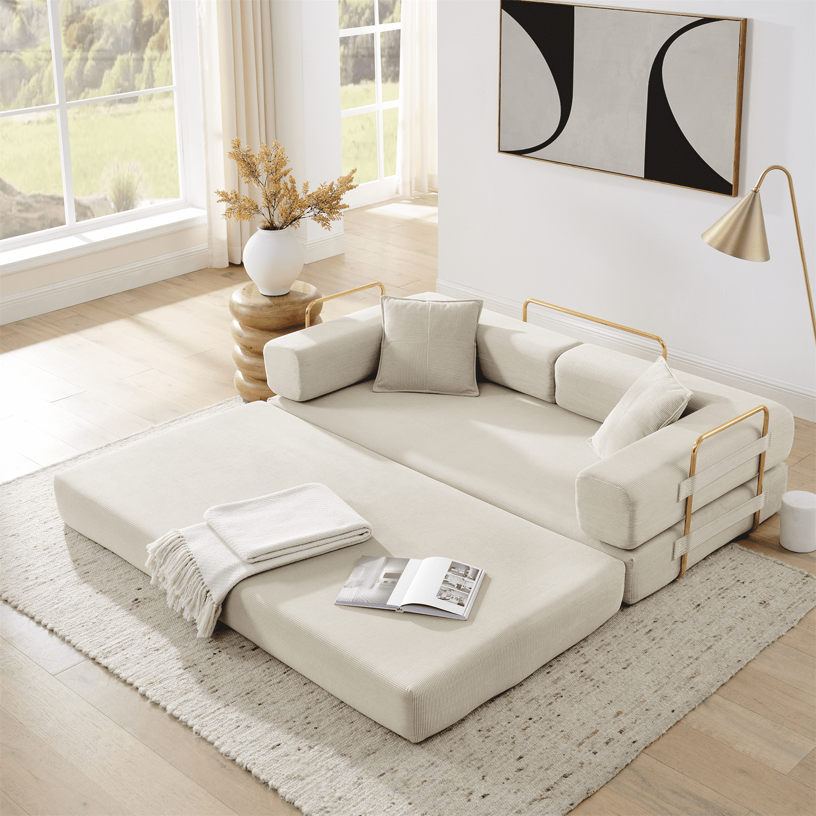 Lunale Boneless Cloud Couch, Convertible Floor Sofa Bed, Queen Size Pull Out Sleeper Sofa, No Assembly Required, Beige Corduroy