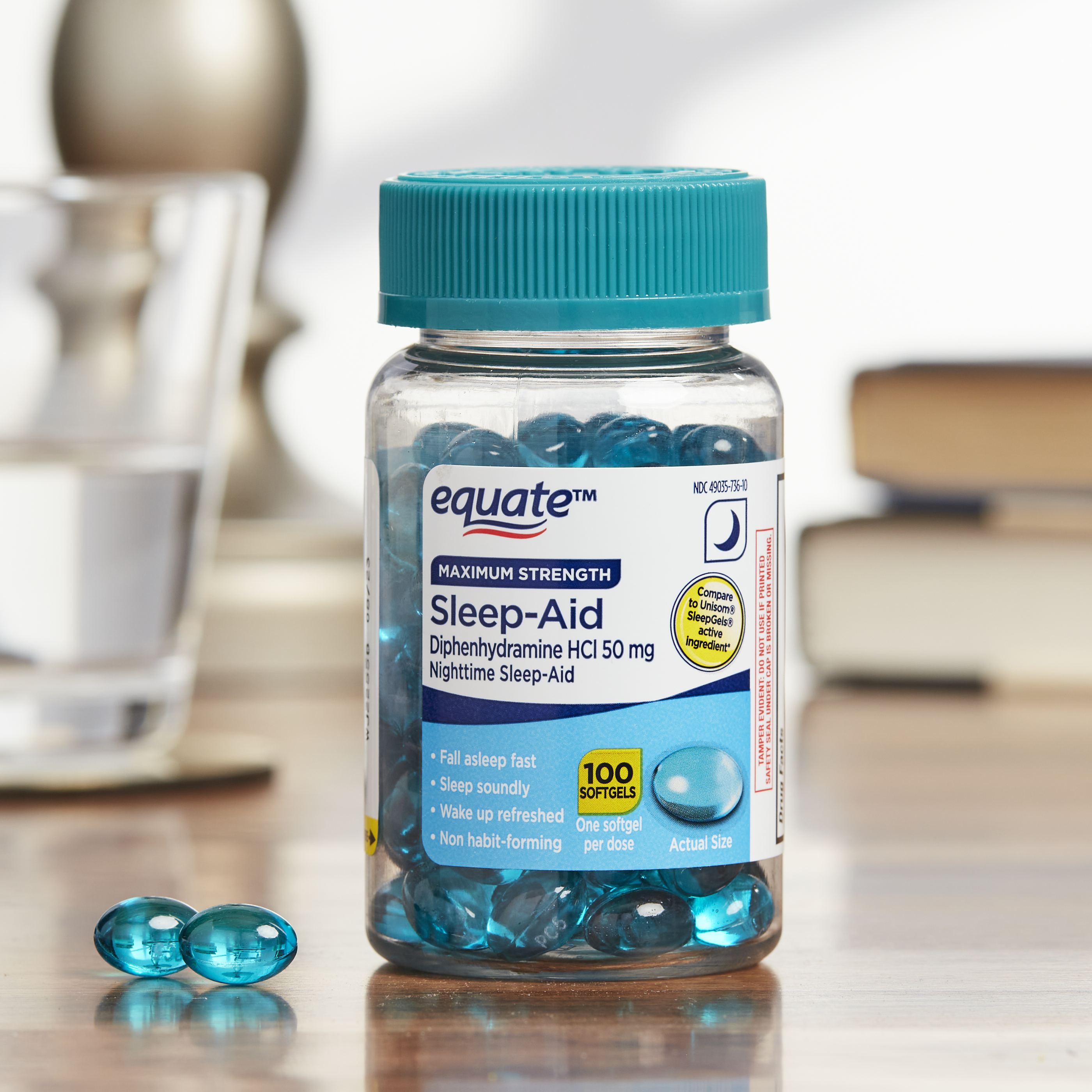 Equate Cápsulas Blandas de Ayuda para Dormir de Máxima Resistencia por la Noche con Difenhidramina HCl, 50 mg, 100 Unidades, Comparar con Ingrediente Activo de Unisom SleepGels 2