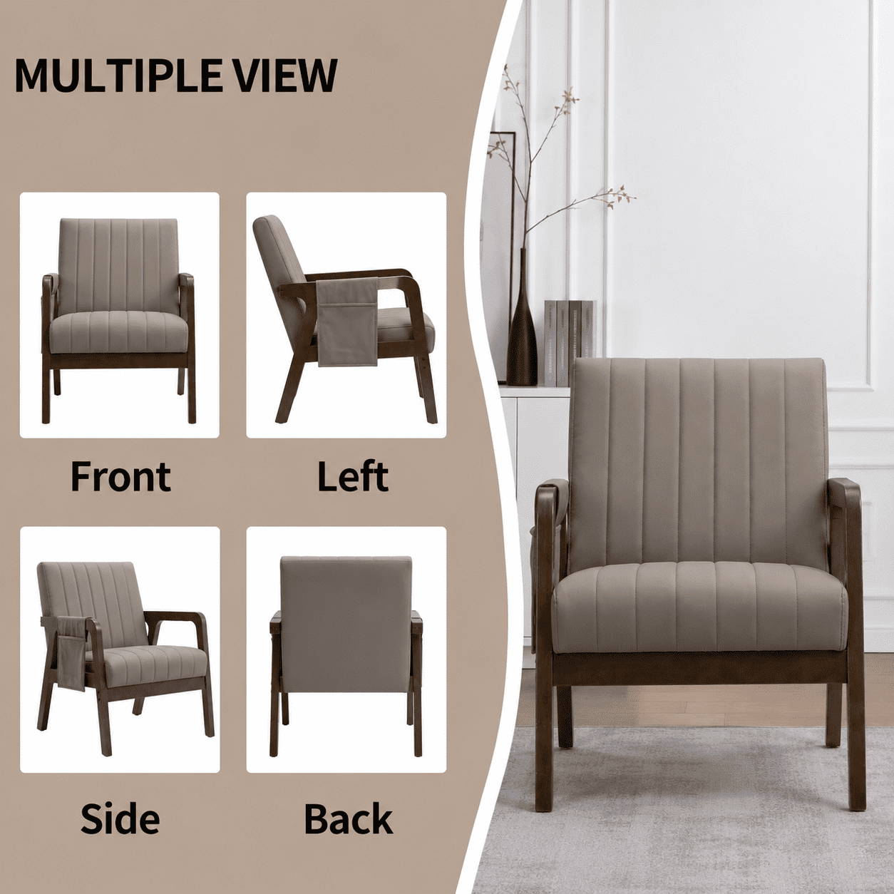 MOONMISS PU Leather Accent Chair,Mid-Century Modern Wood Frame Arm Chair with Side Pocket Cushioned Sofa,Brown