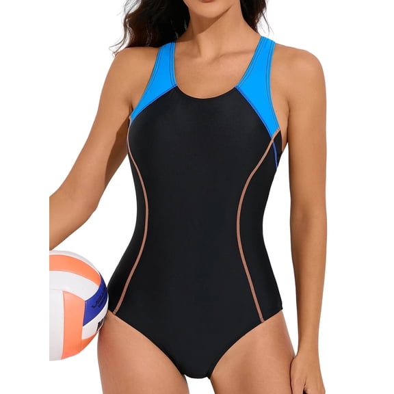 Charmo One Piece Athletic Racerback Swimsuit Women Slimming Bathing Suits Color Block Training Swimwear for Women