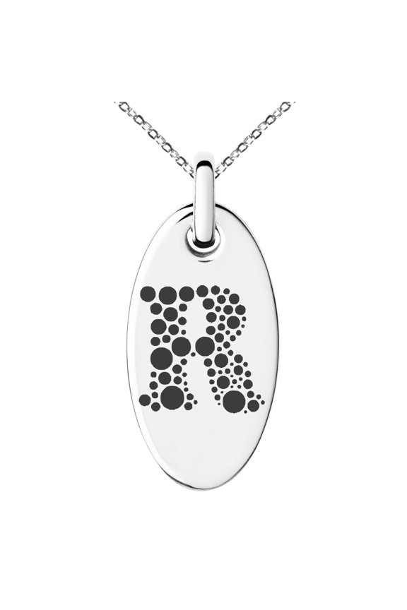 Stainless Steel Letter R Initial Dotted Monogram Engraved Small Oval Charm Pendant Necklace