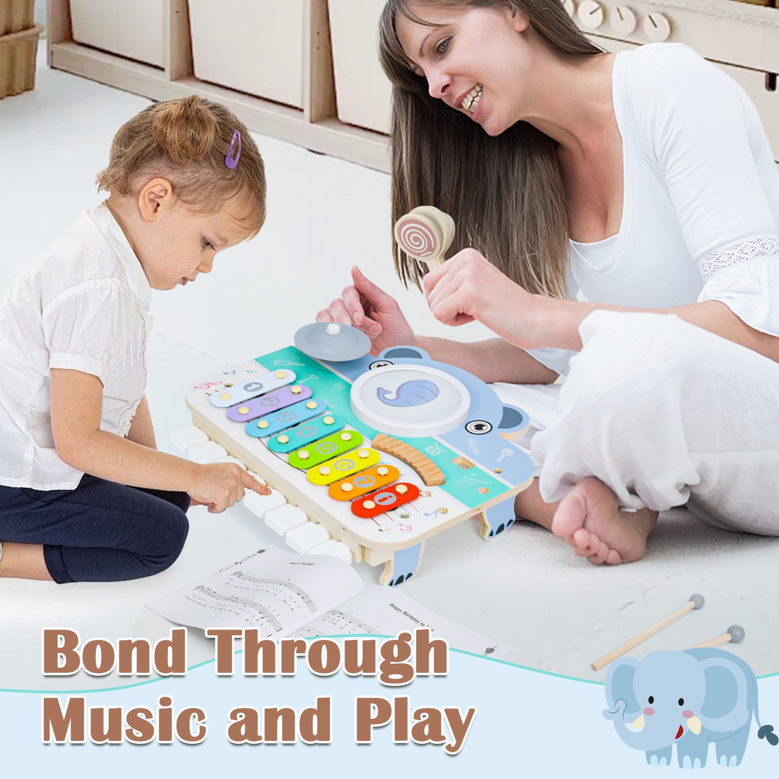 Wdmiya Baby Piano Xylophone for Toddlers 1-3, 6-in-1 Wooden Kids Musical Instruments, Music Toys with Drum Keyboard Sheet Music, Preschool Educational Birthday Gitfs for 1 2 3 Years Old Boys Girls