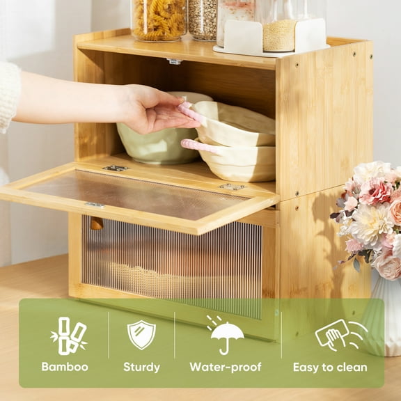 VUSIGN Bamboo Bread Box Acrylic Transparent Window Storage Container, Kitchen Countertop