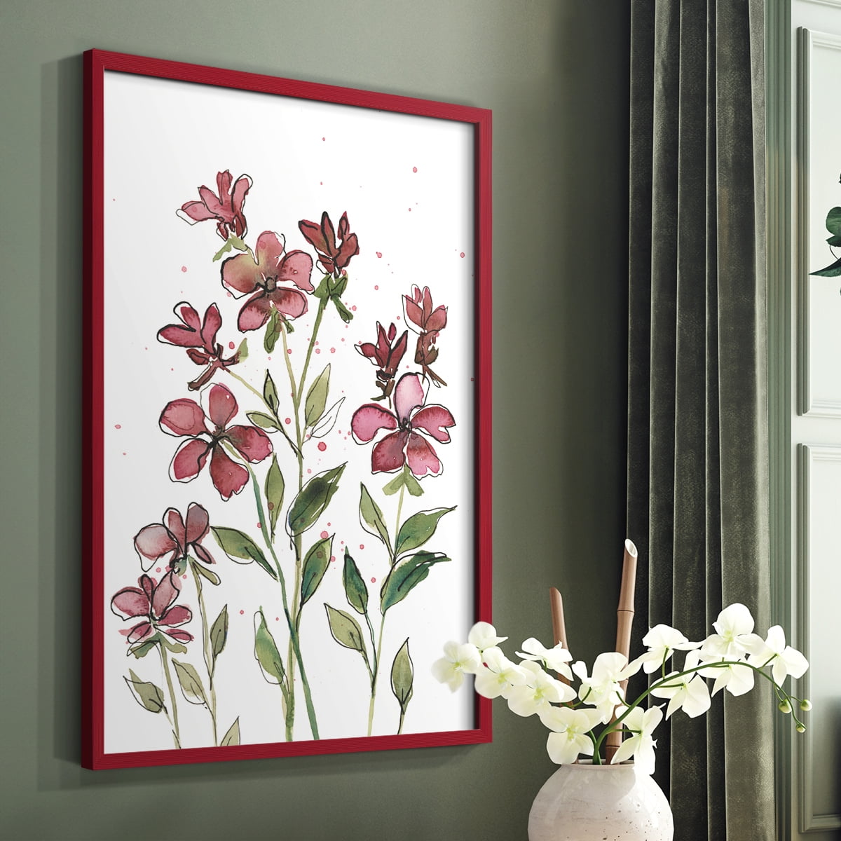 Watercolor Floral Stems II Framed Print in Red Solid Wood 8 x 10 Framed Print