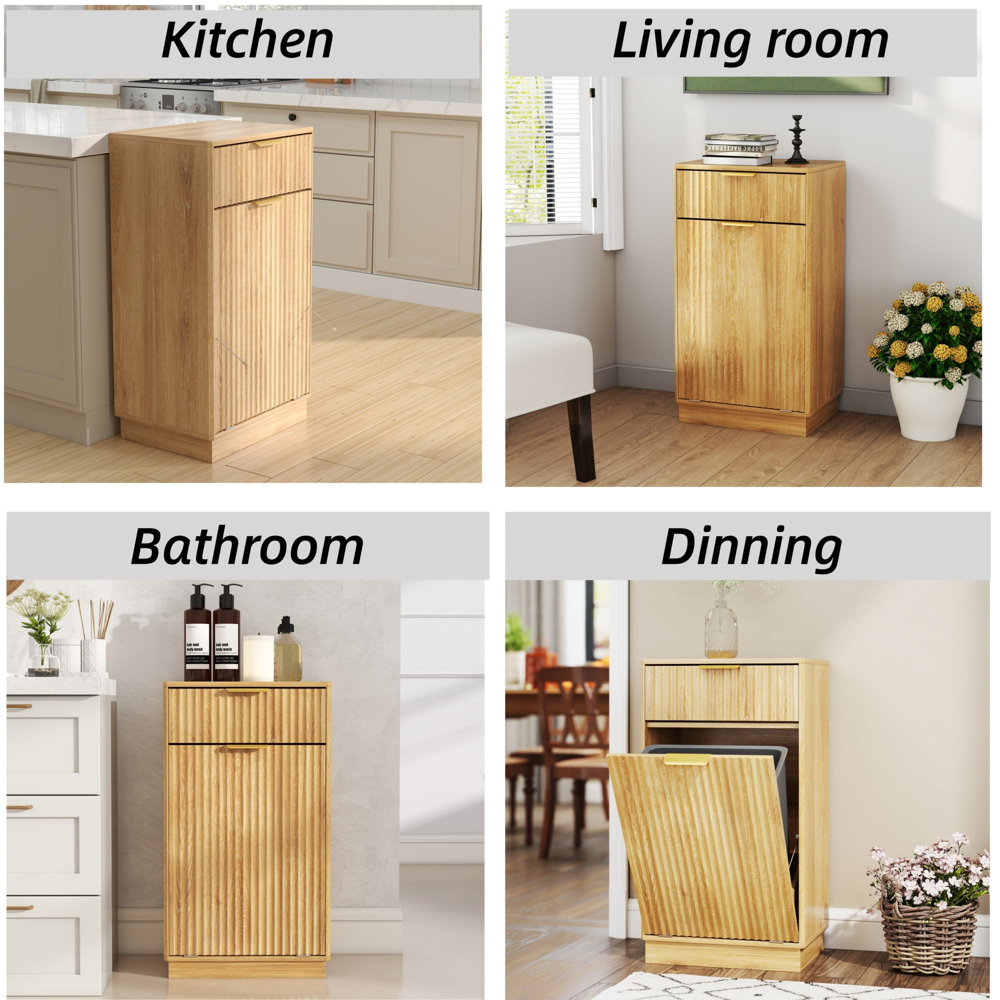 Jopath 10-Gallon Woodgrain Tilt-Out Trash Can Cabinet with Wave-Textured Drawer and Pull-Out Bin for Living room Bathroom Kitchen Oak