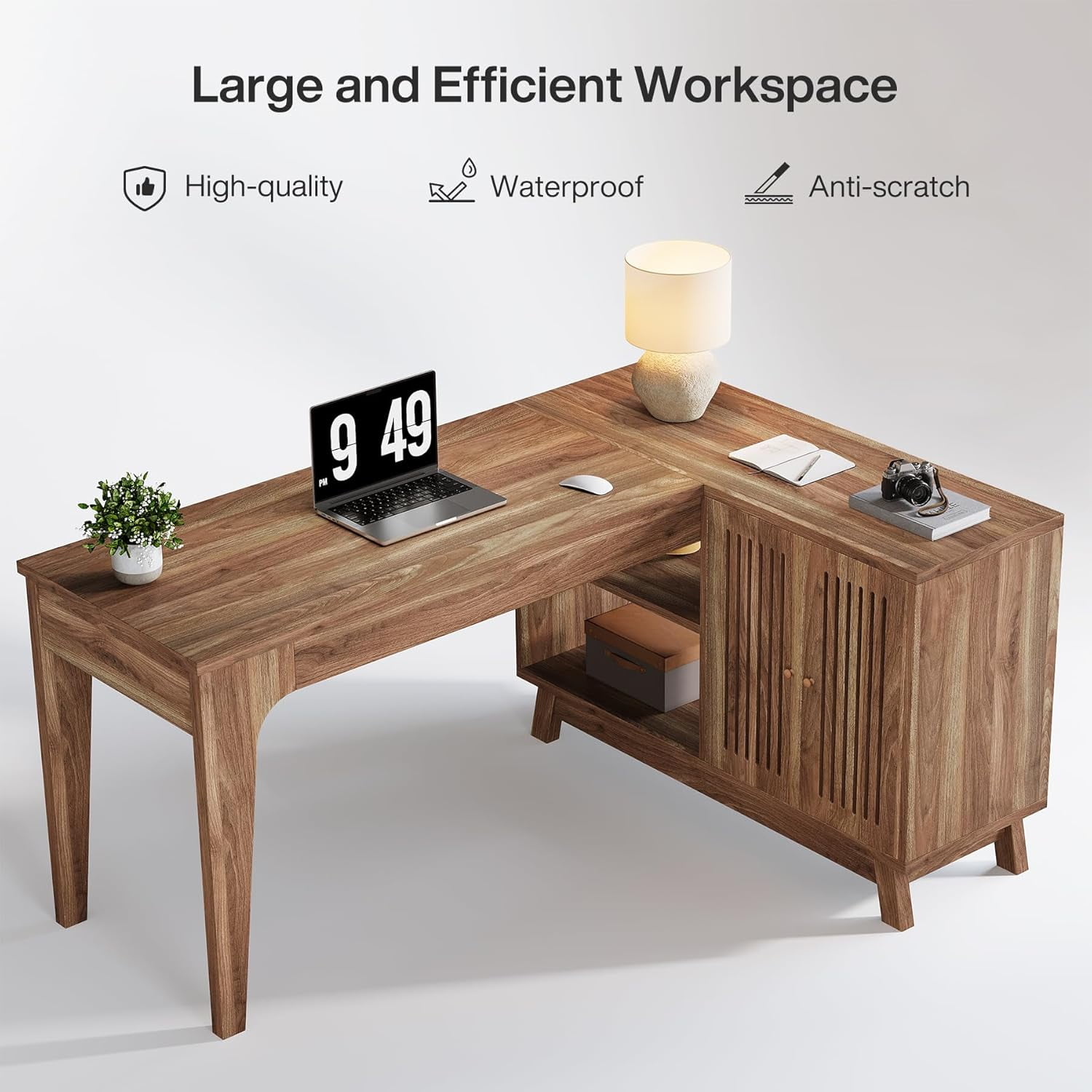 Tribesigns 57-Inch Wood L-Shaped Corner Computer Desk, Study Writing Table with Storage Shelves, Workstation with Cabinet for Home Office, Walnut