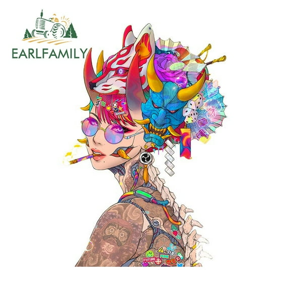 EARLFAMILY 5.1 Inch Japanese Oni Geisha Waterproof Decal Koi Fish Decals Laptop Guitar Decor Vinyl Wrap Car Stickers