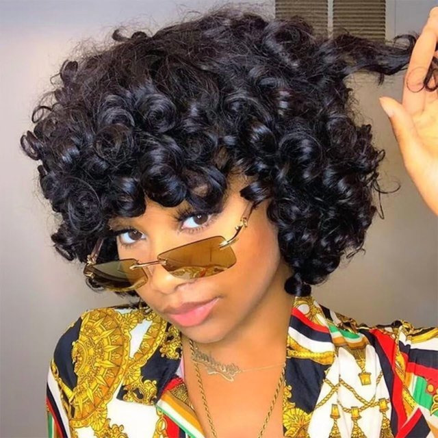 Peluca IMAYLI Afro Rose, pelo humano rizado Funmi, 20 cm, 180%, negro
