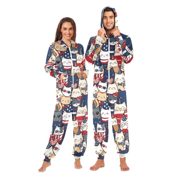 Patriotic Felines Adult onesie Pajamas, Crystal Velvet Ultra Soft Warm Jumpsuit for Men and Women