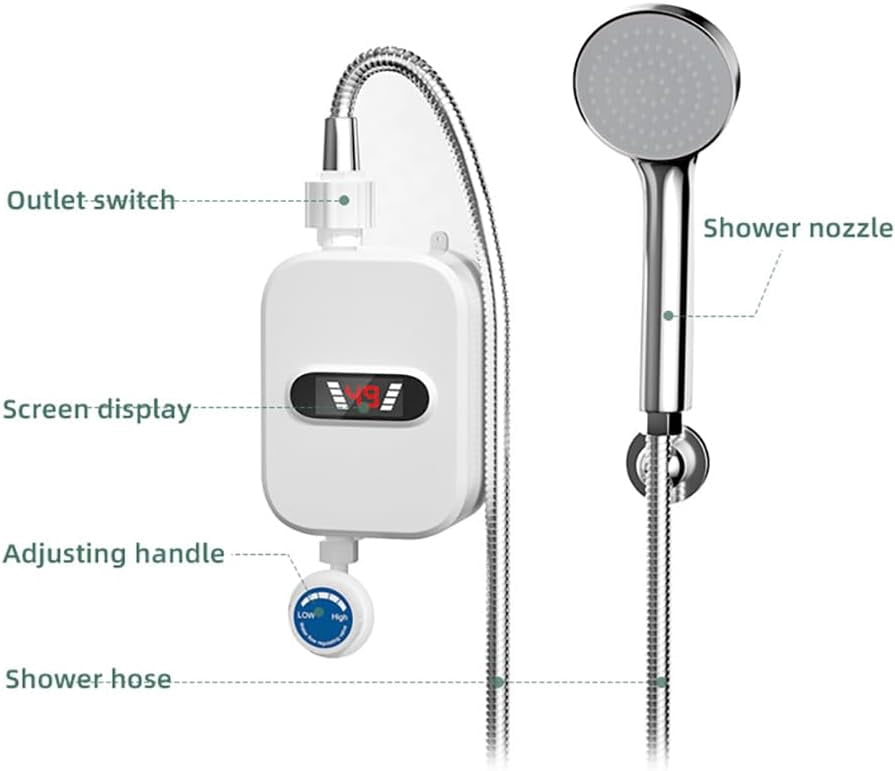 DERCLIVE Electric Tankless Water Heater Shower Head Set, 3000W Instant Hot Water Heater LCD Display for Home, Easy to Install White