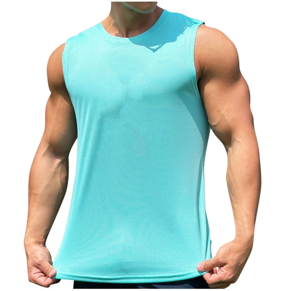 KeShDi Linen Tops for Men Silk Tank Tops Men's Casual Mesh Round Neck Pullover Sports Sleeveless Fashion Sky Blue 3X