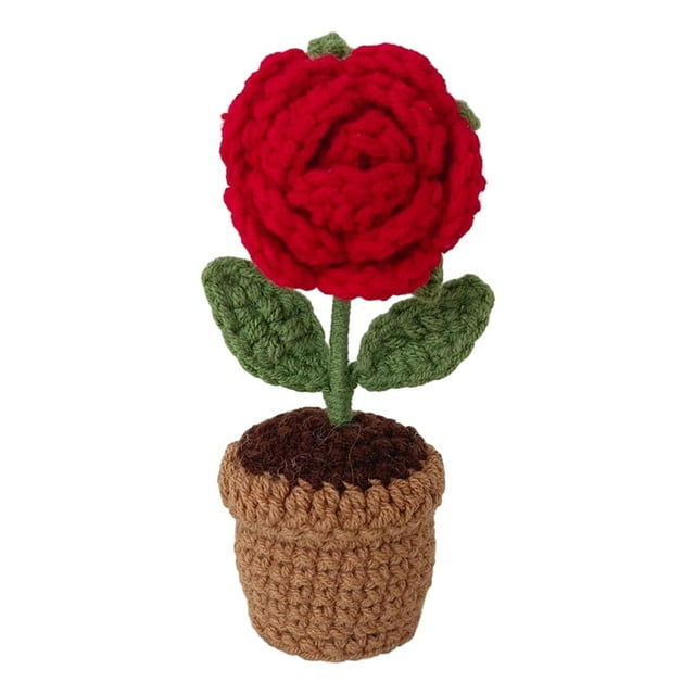 simhoa Tricoté à la Main Fleur Mini Pot Fait à la Main Fleur de Kintting pour la Saint-Valentin Rose Rouge