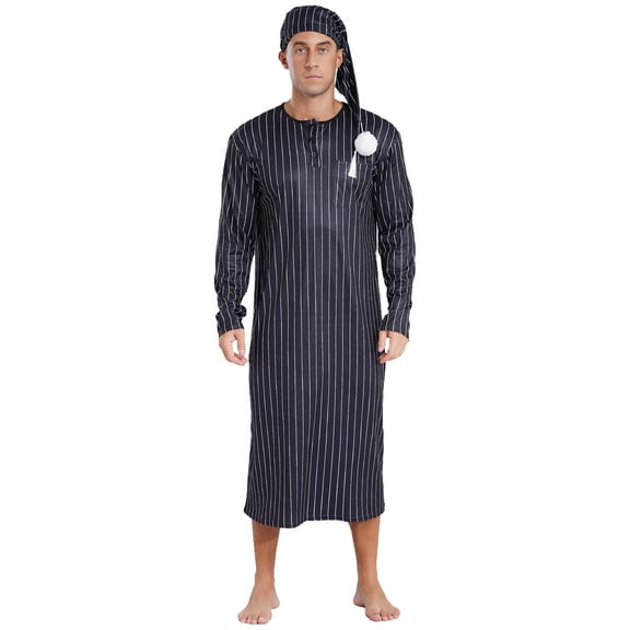 HULIJA Men's Henley Sleep Shirt Nightgown Striped Big&Tall Long Sleeve Nightshirt with Night Hat Black L