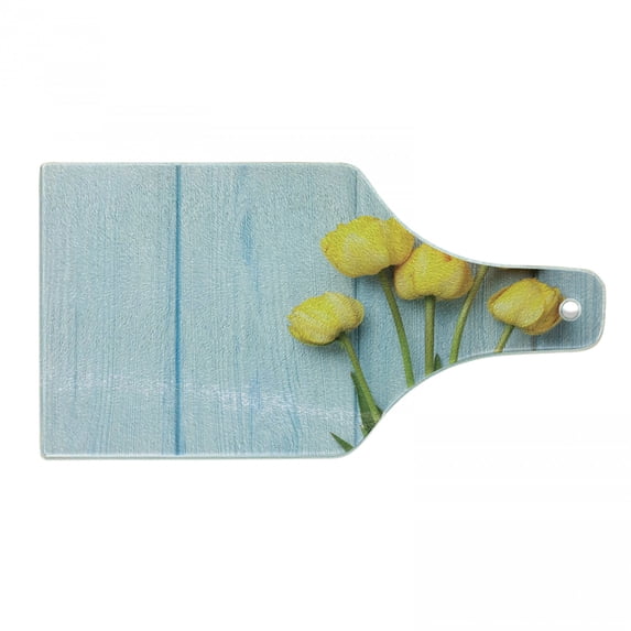 Tulip Cutting Board, Yellow Flowers on Old Wooden Rustic Background Valentines Romantic Theme, Tempered Glass Cutting and Serving Board, Wine Bottle Shape, Yellow Green Pale Blue, by Ambesonne