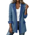 thumbnail image 2 of Women's Knit Jackets, Long Sleeve Paneled Denim Cardigan Outerwear with Collared Neck Single Button & Pocket, Trendy Casual Wear | VerBelle,Dark Gray L, 2 of 9