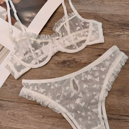 HHH New Sexy Lace Thin Underwear See-through Heart Shape Printed Lingerie Set Large Boob Size Concealing Bra