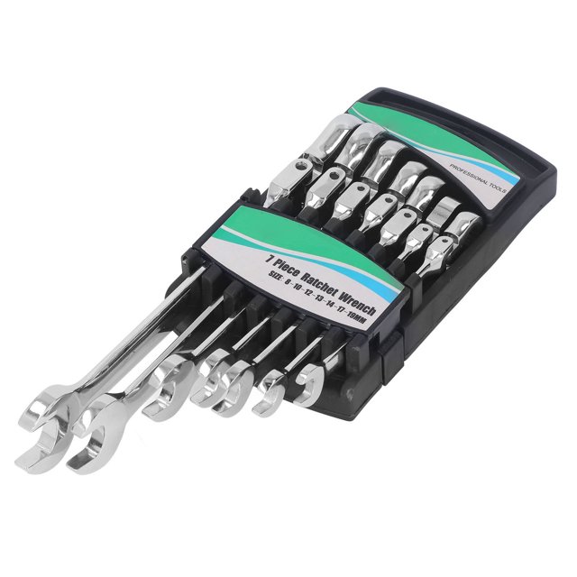 juego de llaves combinadas lyumo 7 piezas acero al cromo vanadio trinquete — set cromado en estuche negro con separadores, llaves de cabeza flexible de 8, 10, 12, 13, 14, 17 y 19 mm para mantenimiento y reparación automotriz; también apto para trabajos generales de taller.