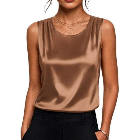 Zeagoo Womens Satin Tank Top Pleated Sleeveless Blouse Dressy Casual Tops Crewneck Silk Shirts Business Summer Clothes