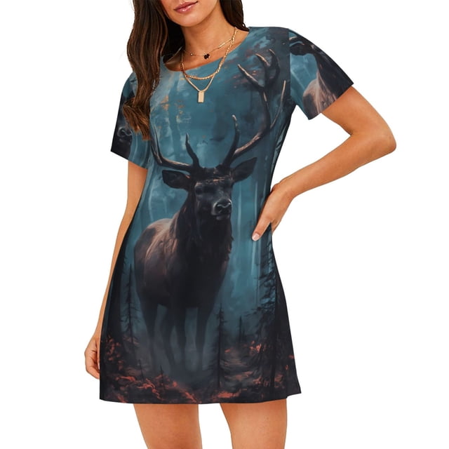 Fotbe Mystical Forest Elk Bata de Dormir para Mujer con Estampado, Camisón de Algodón de Manga Corta, Ropa de Dormir Casual