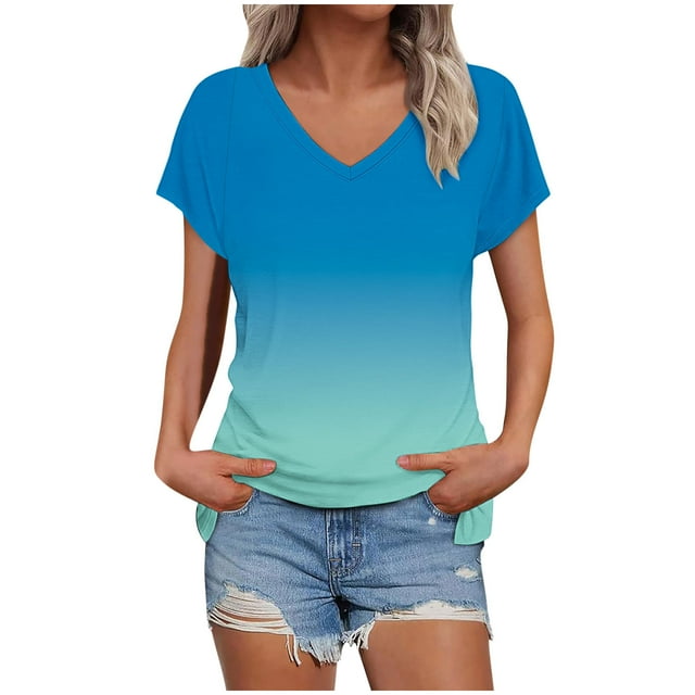 Plebaso T-Shirts Dégradés pour Femmes Tunique Décontractée Col en V Manches Courtes Mode Blouses