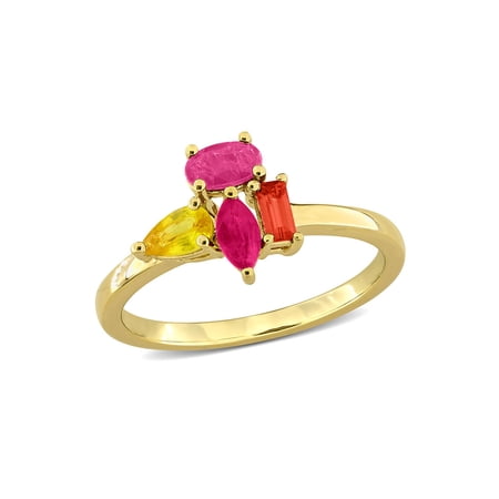 7/8 Carat (Ctw) Ruby and Orange,Yellow Sapphire Ring in Yellow Plated Sterling Silver for Women