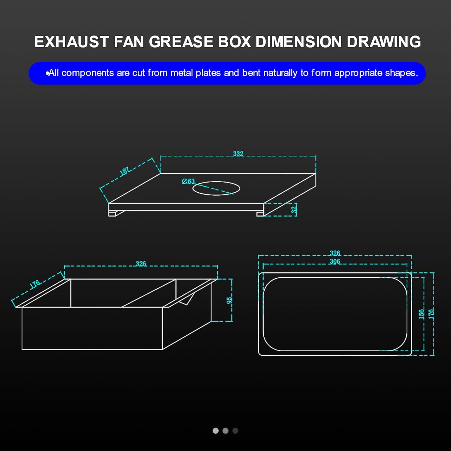 Stainless Steel Grease Box Canopy Hood Exhaust Fan, 3.74" Deep Drip Pan for Restaurants