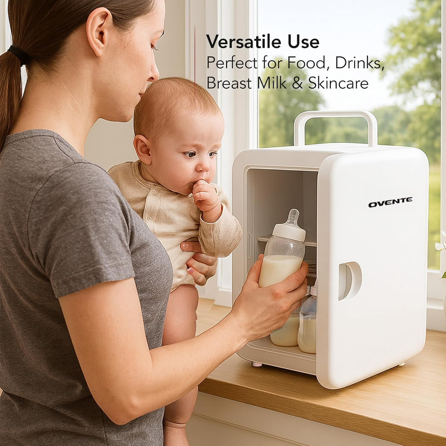 OVENTE Mini Fridge, 4L Capacity Fits 6 Can Beverages, Portable Personal Refrigerator and Small Cooler for Skin Care, Cosmetics or Food, Ideal for Bedroom, Home Office, Dorm and Car, White RF04W