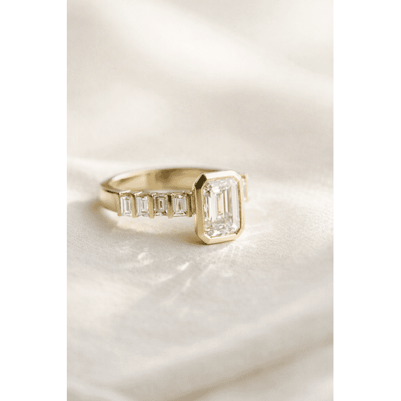 Jewelerix Emerald Cut Diamond Engagement Ring in 14K Vermeil Yellow Gold Bezel Setting with Side Stones, Wedding Proposal Ring
