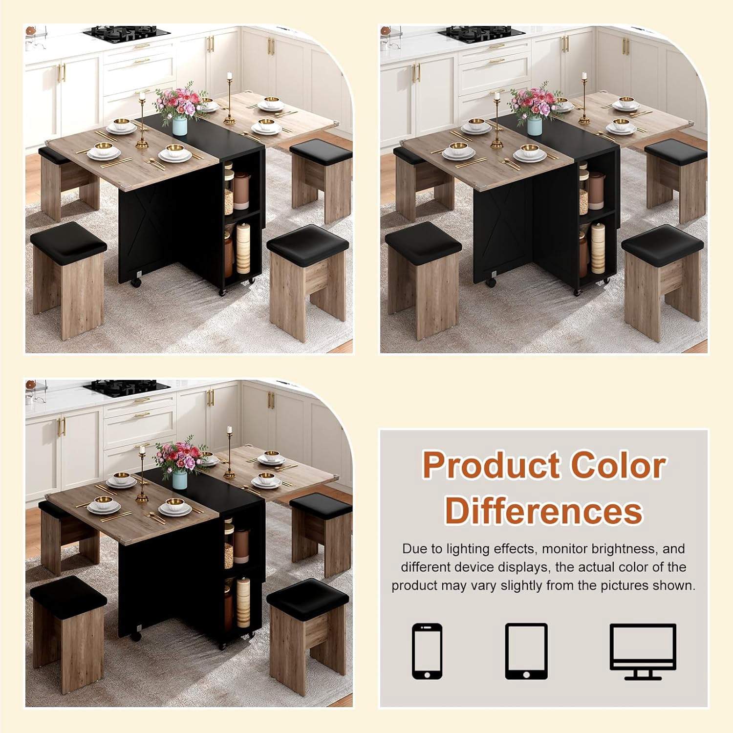 Blotout 5 PCS Farmhouse Dining Table Set for 4, 60'' Large Folding Dining Table Set with 4 Leather Chairs,6 Wheels, Drop Leaf Foldable Kitchen Table with 2-Layer Storage Shelf for Small Spaces, Grey