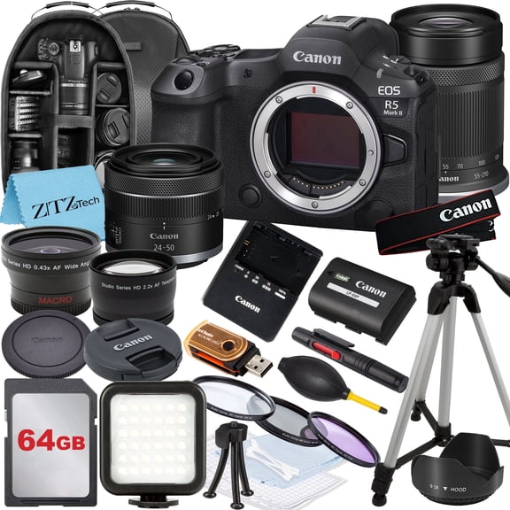 Canon EOS R5 Mark II Mirrorless Camera with RF 24-50mm Lens   Wideangle   2 Pack SanDisk 32GB Memory Card   Backpack   LED Flash   ZeeTech Accessory (International Version)