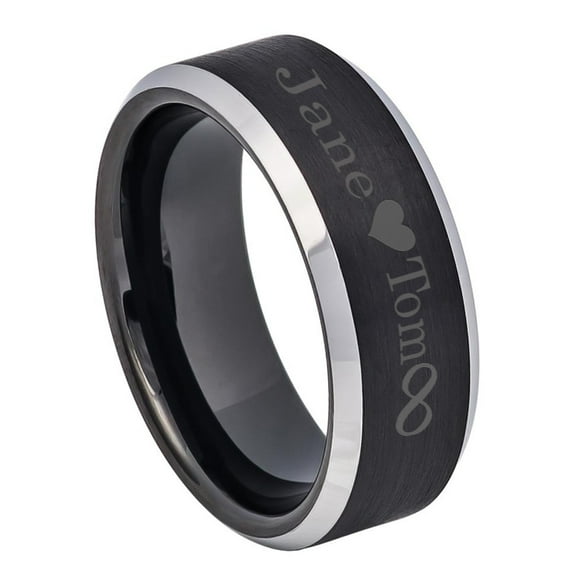 Free Engraving Men Women Personalized Outside Inside Engraving Tungsten Carbide Wedding Band Ring 8mm Brushed Center Beveled Black Ring