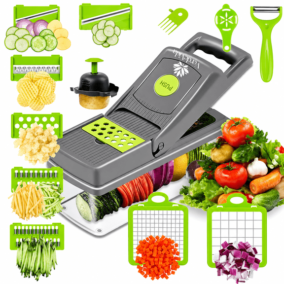 VerdeVida 15-in-1 Vegetable Chopper, Slicer , Spiralizer — 8 Stainless Steel Blades, Onion Chopper, Cheese Grater, Mandoline ,Veggie Cutter with Storage Container, Easy-Clean Kitchen Gadget, Dark Gray