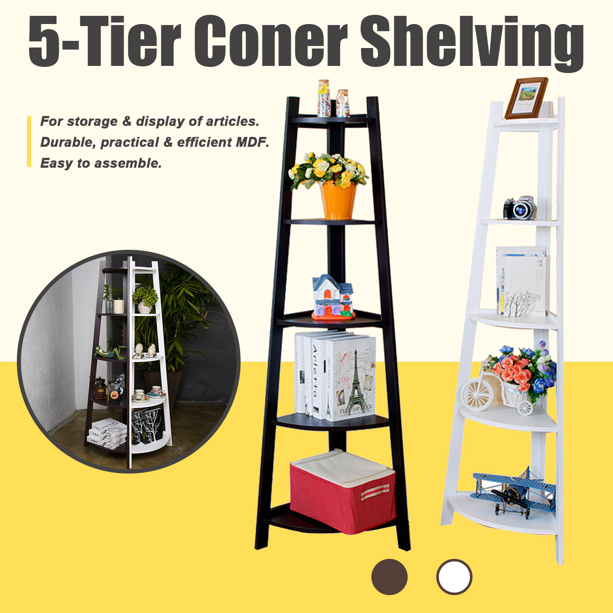 5Tier Stylish Corner Freestanding Bookcase Shelf Wall Shelving Stand
