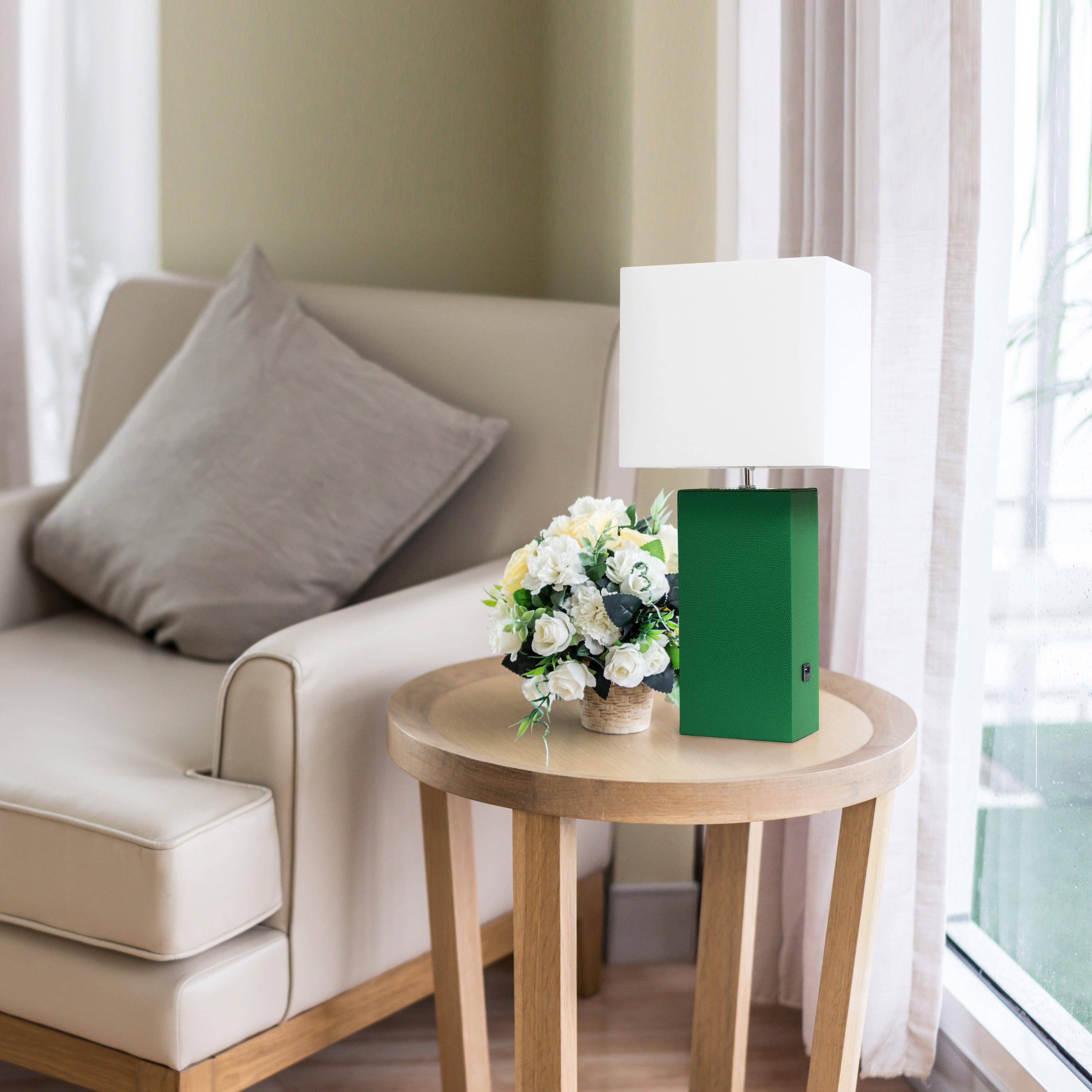 Lalia Home 21" Leather Modern Bedside Table Lamp with USB Port and LED Bulb, Green