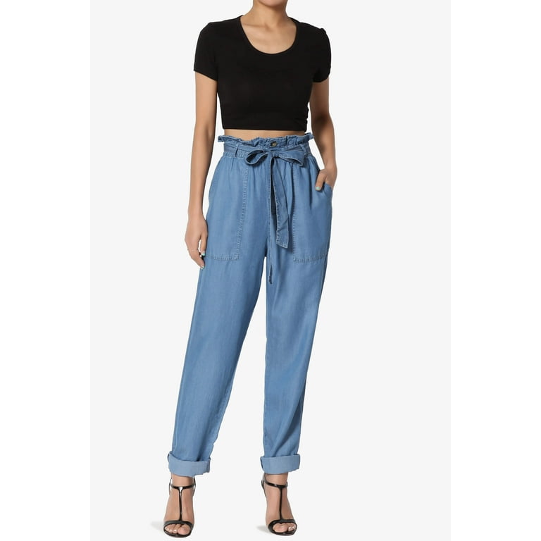 TheMogan Women's Belted Paperbag High Waist Chambray Cuffed Tapered Leg Trouser  Pants 