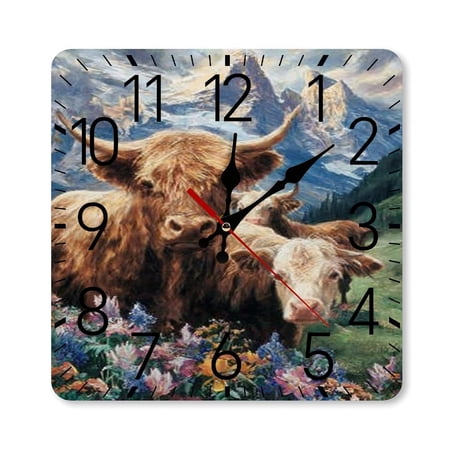 RKSupls 10×10inch Square Silent Wall Clock Wooden Frame, Highland Cattle Mountains Scale Decorative Clock for Home Bedroom Living Room Office