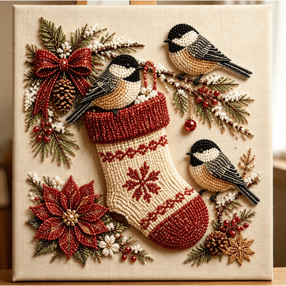 Christmas Pearl Art DIY Kit, Festive Winter Bird & Stocking Pearl Mosaic Art Kit, Handmade Wall Art Decor for Christmas Party