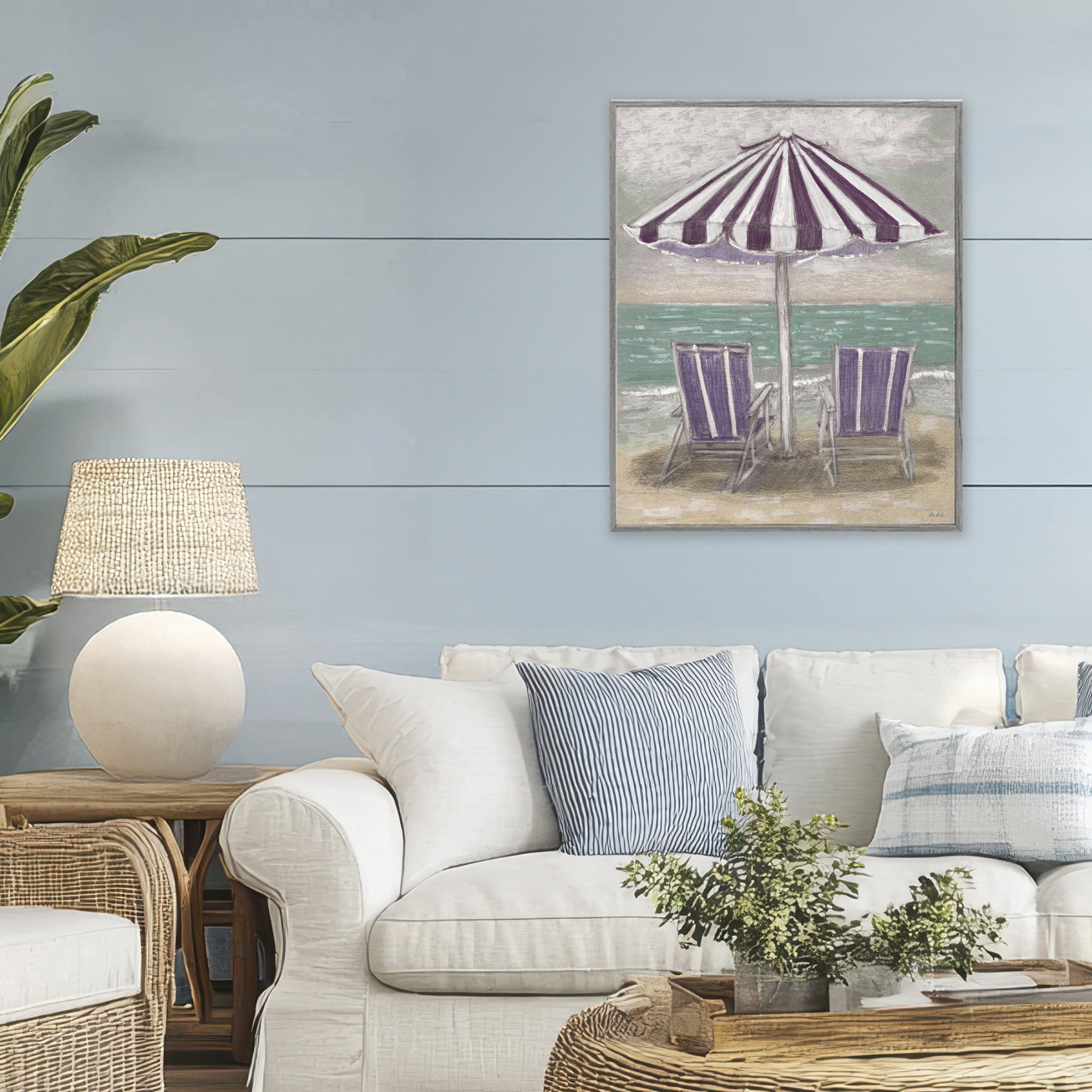 Stupell Industries Umbrella & Chairs on Beach Gray Framed Giclee Art, design by Patti Bishop