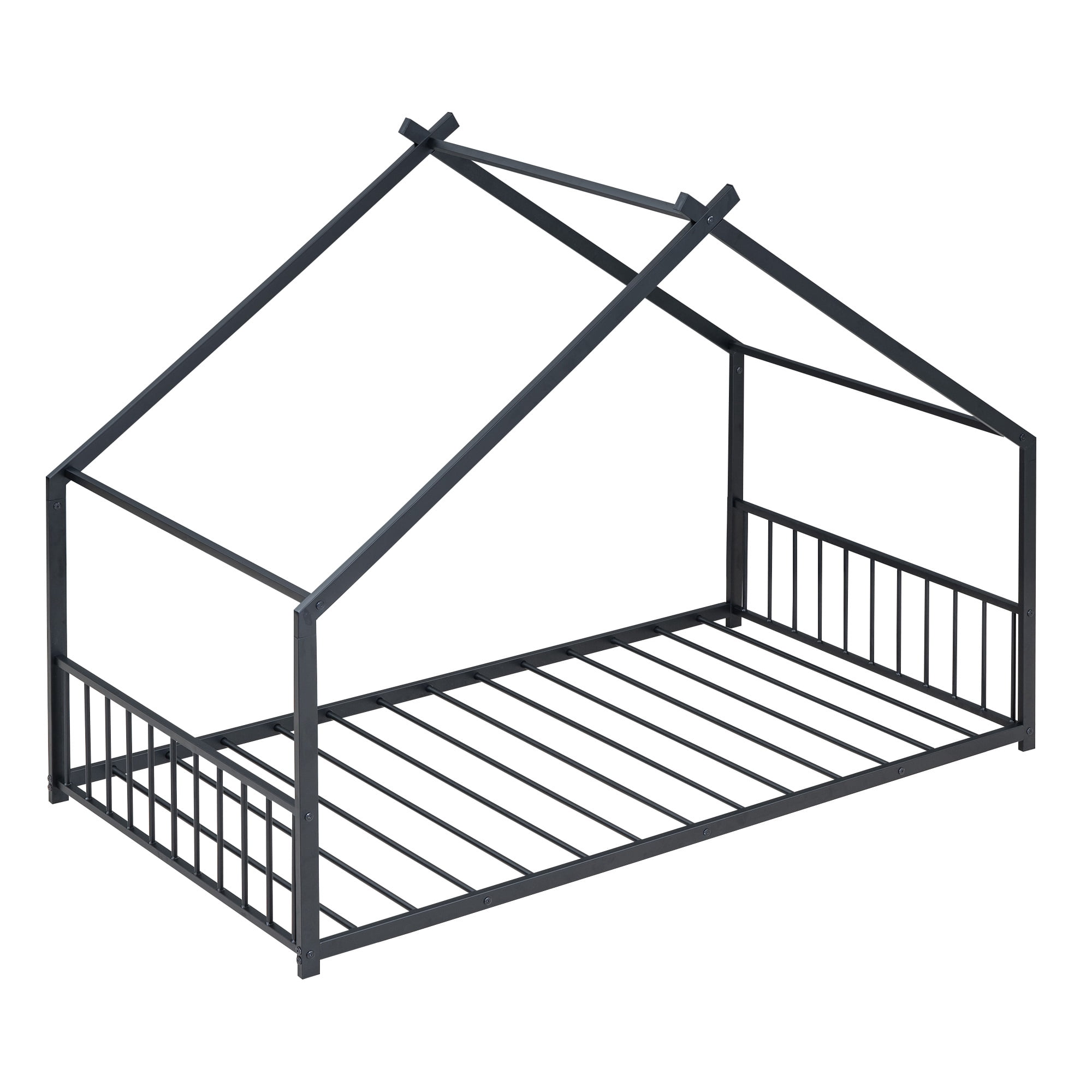 PORKISS Twin Size Floor Bed Frame, Metal Montessori Floor Bed with House Bed Featuring Roof, Modern Twin Platform Bed for Kids Boys Girls, No Box Spring Needed, Black