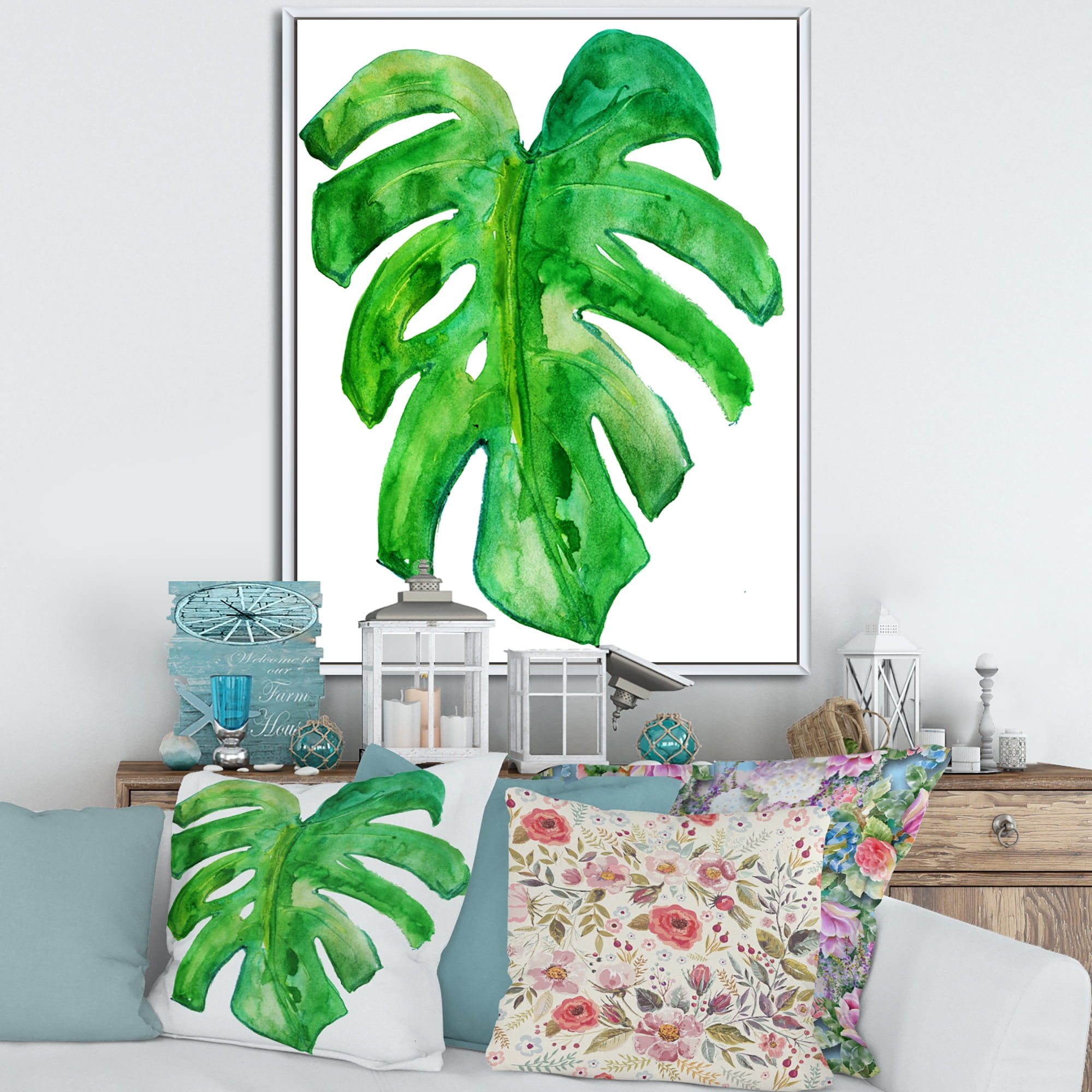 Designart 'Close Up Of Tropical Leaf Of Monstera I' Farmhouse Framed Canvas Wall Art Print