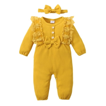 

KIMI BEAR Newborn Girls Outfits 0 Months Newborn Girls Autumn Winter Outfits 3 Months Newborn Girls Sweet Lace Trim Pit Stripe Long Sleeve Romper + Headband 2PCs Set Yellow