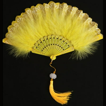 

Marbhall Lolita Feather Folding Fan Sweet Fairy Girl Court Dance Hand Fan With Pendant Yellow