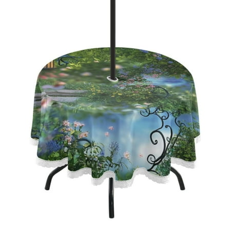 

60 Outdoor Round Tablecloth with Umbrella Hole & White Lace Trim Waterproof Patio Table Cover for Garden Kitchen Dining Magical Fairy Garden
