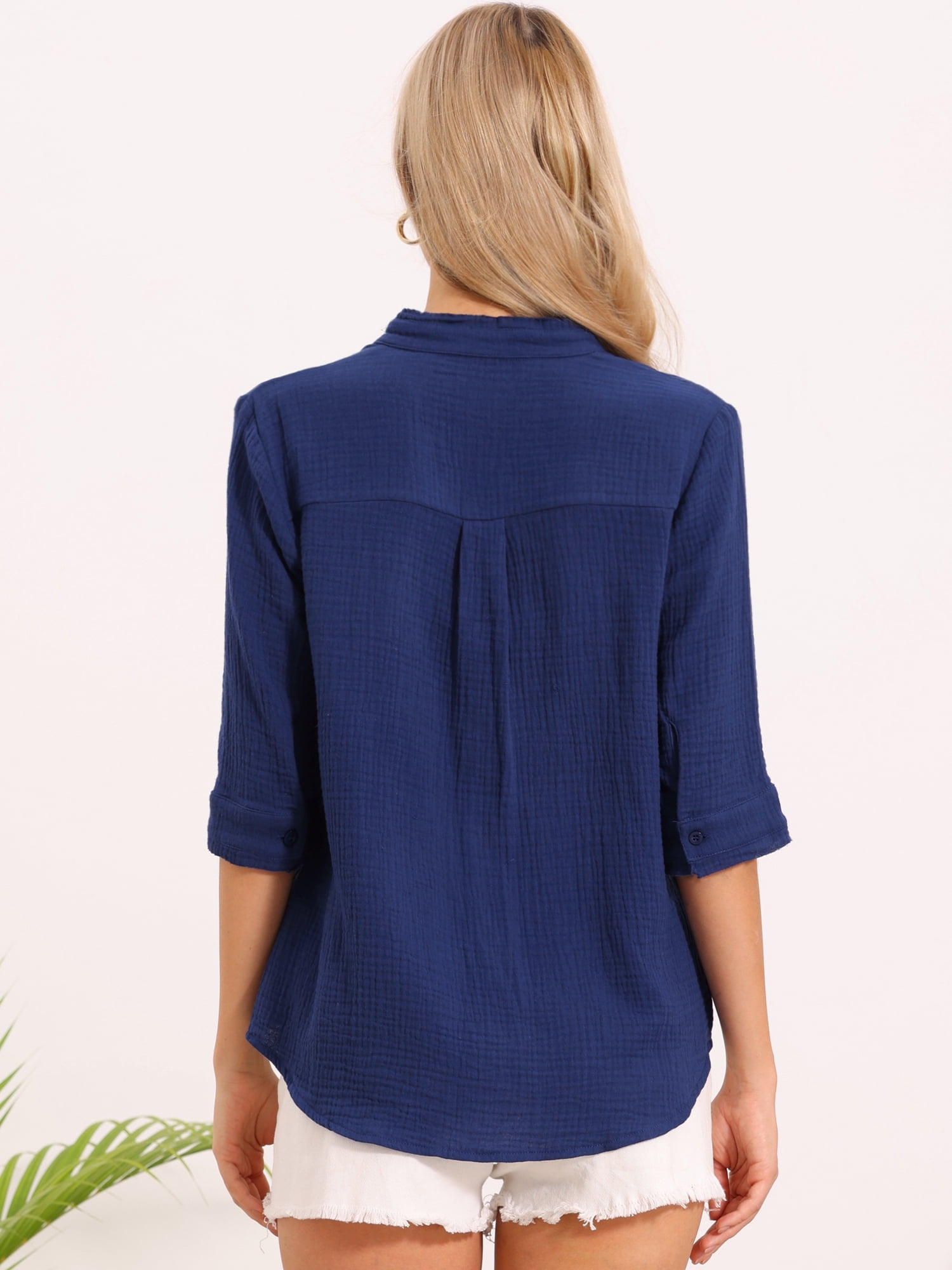 DARING DIVA Women's Button Down Blouse Dressy Half Sleeve V Neck Cotton Top XS Dark Blue