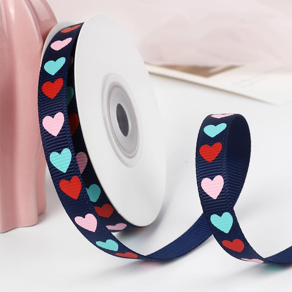 1roll Polyester Grosgrain Ribbon with Heart Printed Midnight Blue 3/8 inch(9mm) about 100yards/roll(91.44m/roll)